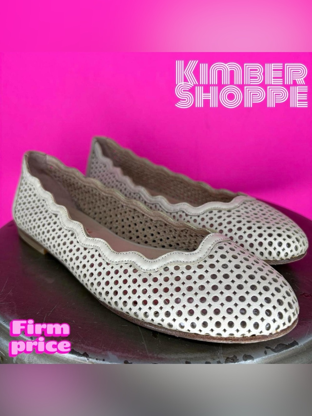 FSNY French Sole Nymph Beige Leather Scallop Trim Ballet Flat US 6 UK 3